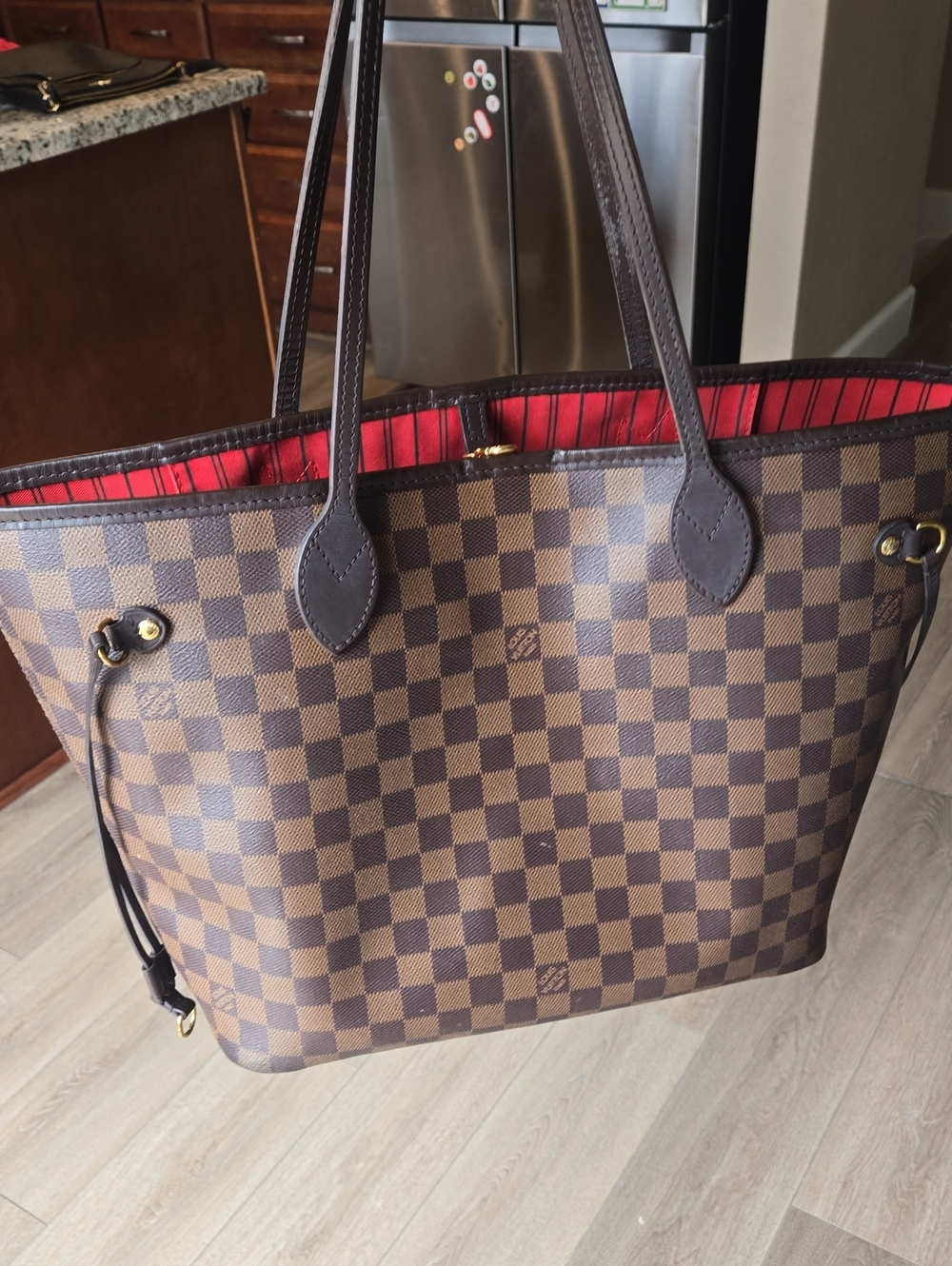 Louis Vuitton Brown Damier Ebene Tote with Red Lining Authentic